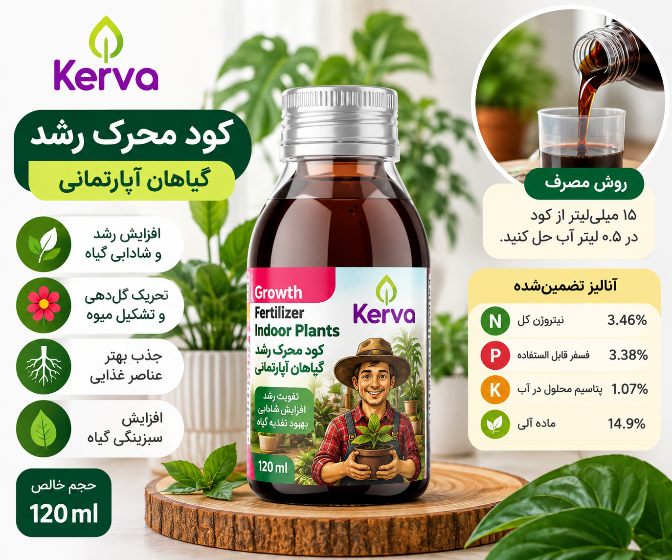کود محرک رشد کروا گیاهان آپارتمانی ۱۲۰ میلی‌لیتر KERVA
